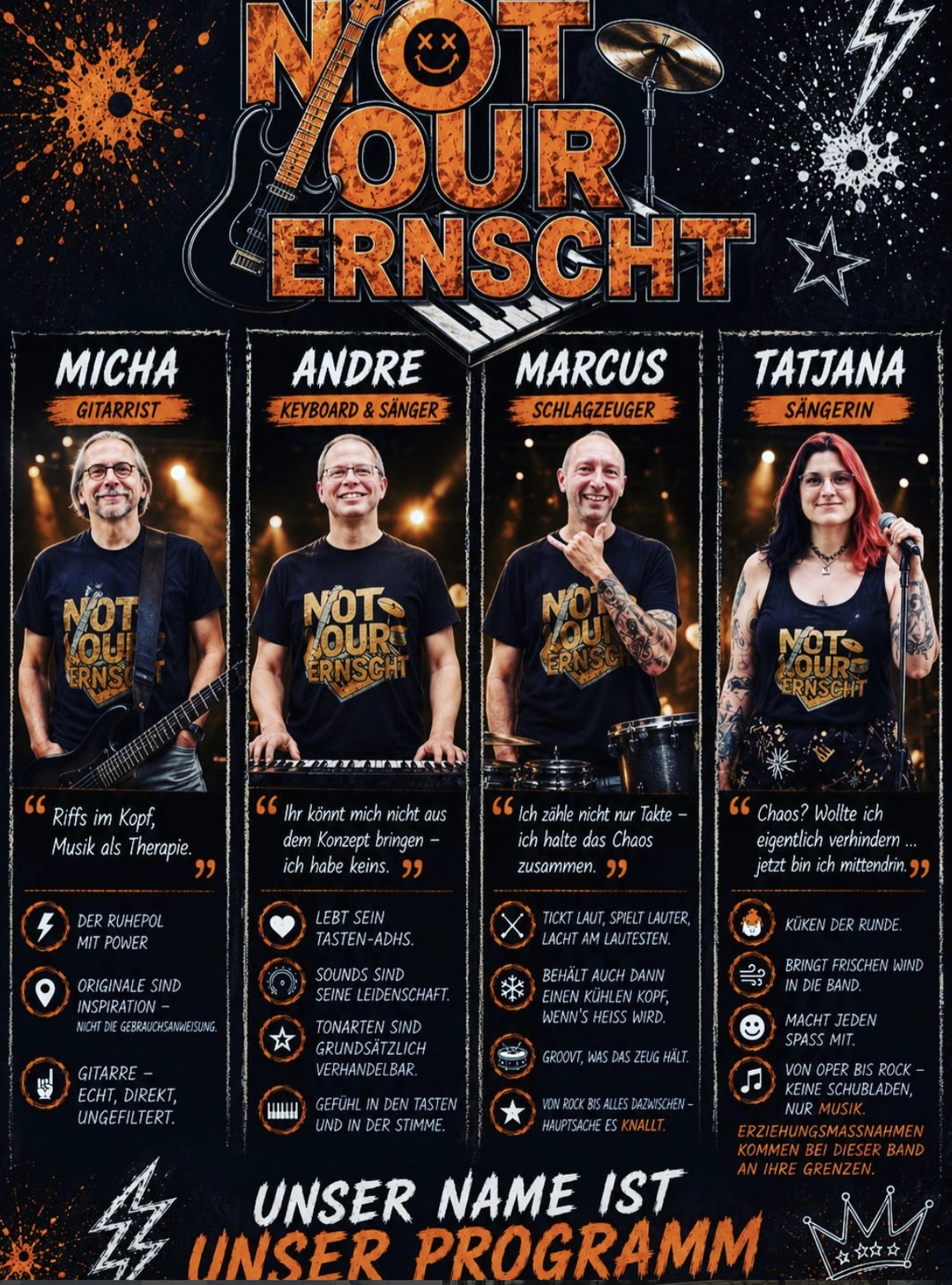Bandposter von Not Our Ernscht mit den vier Bandmitgliedern.